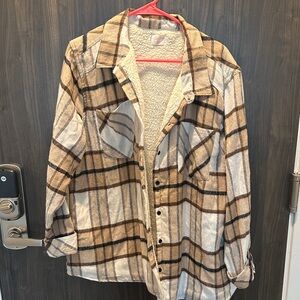 Plaid Sherpa-Lined Button-Down Shirt Jacket in Beige